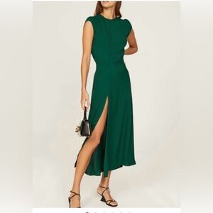 Reformation Emerald Green Cap-Sleeve Midi Dress with High Side Slit